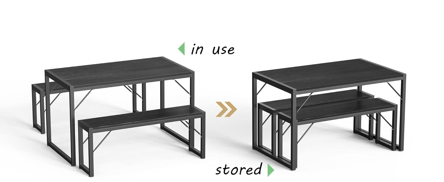 Gizoon 45.5" Dining Table Set for 4 with 2 Benches, Kitchen Table Set with Metal Frame & MDF Board, Space-Saving Dinette for Kitchen, Dining Room -Black