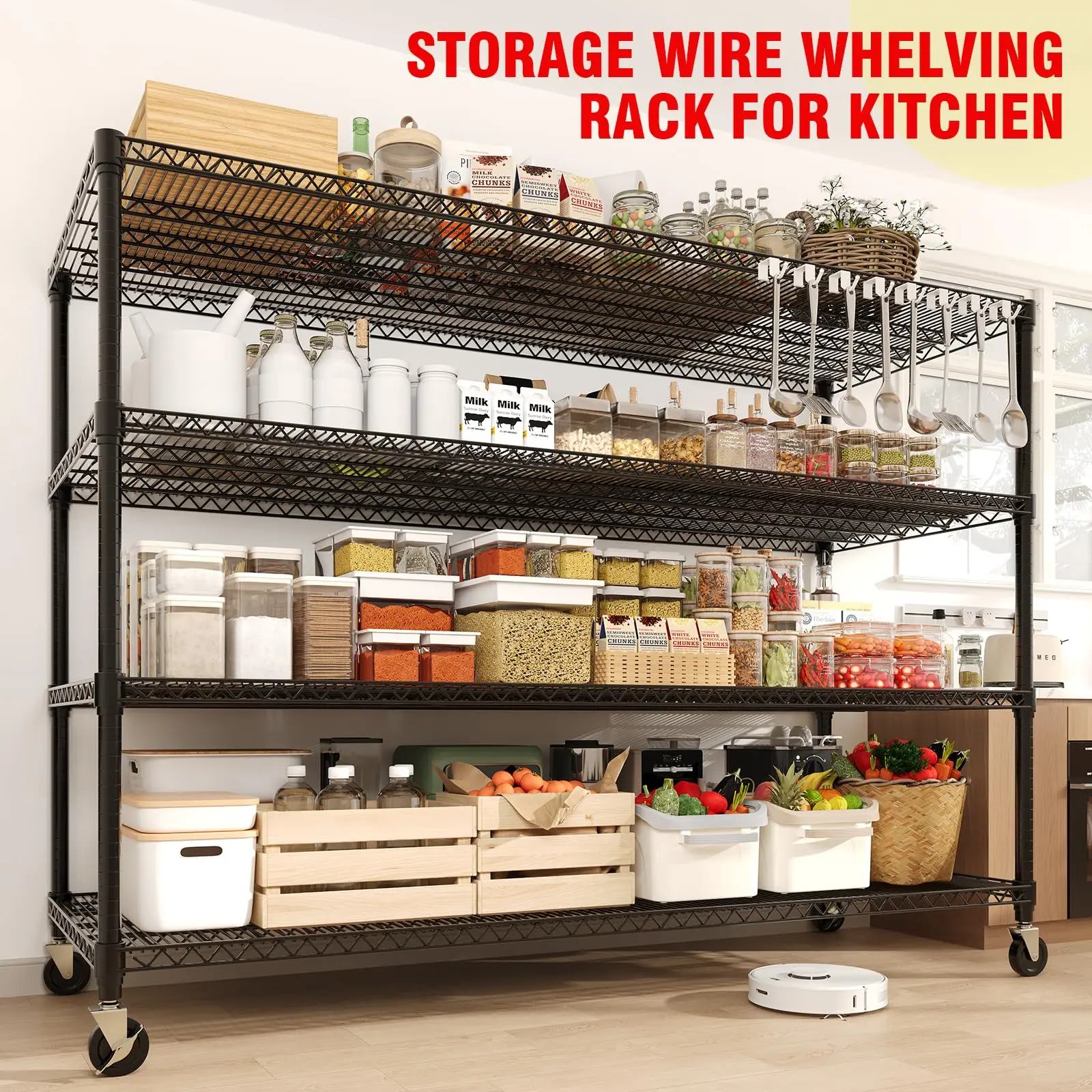 Garvee Upgraded-Heavy Duty Metal Wire Shelving Rack with Wheels 4-Tier Adjustable Commercial Storage Shelf 2640 lbs Capacity 72"H x 59"W x 18"D Industrial Food Service Organizer for Garage, Kitchen, Warehouse