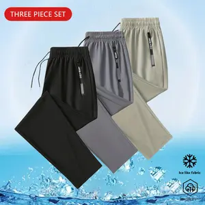Men’s Lightweight Ice Silk Cooling Long Pants, 3-Pack – Elastic Waistband with Drawstring, Zipper Pockets, Essential for Summer and Everyday Casual Wear