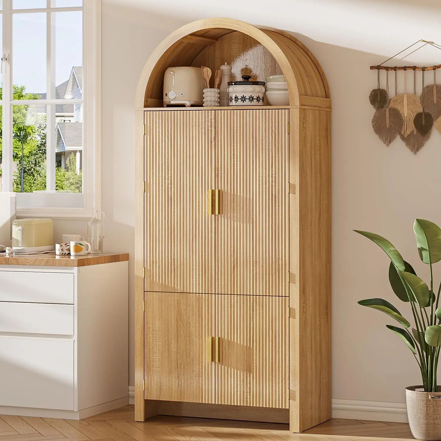 PUKAMI Durable Arched Top Wood Pantry Cabinet (71"h x 31"w x 16.4"d) with Fluted Detailing, 3 Adjustable 45 lbs Capacity Each Shelves & 6 10 lbs Door Shelves for Pantry Cabinet Organization, Natural Wood Finish Organizer for Kitchen, Bathroom, Sturdy, Cle