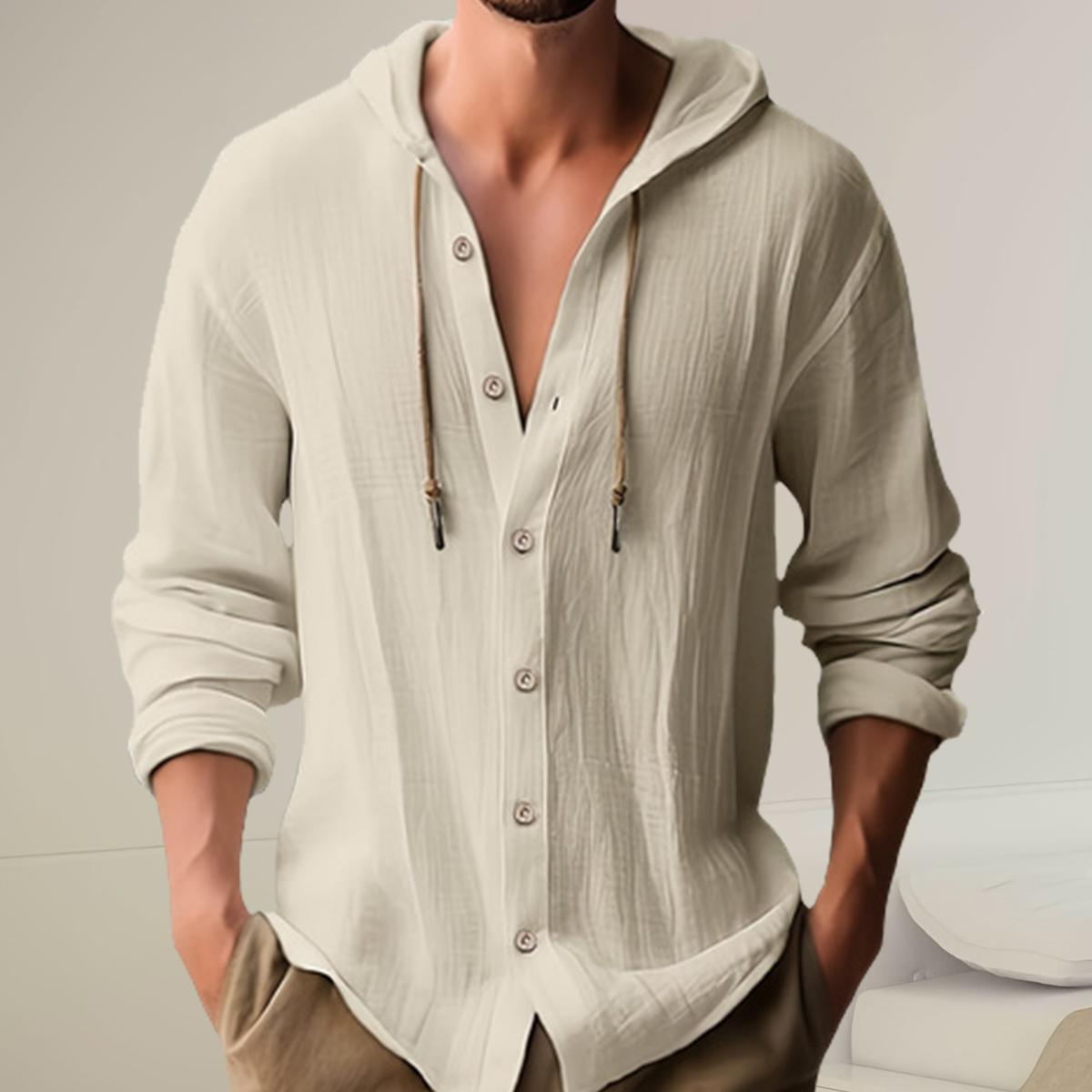 Men's casual hooded long-sleeved shirt, adjustable drawstring hood, non-elastic fabric, regular fit, suitable for spring and autumn outdoor hiking, camping, daily wear and party occasions, as well as gift for festivals