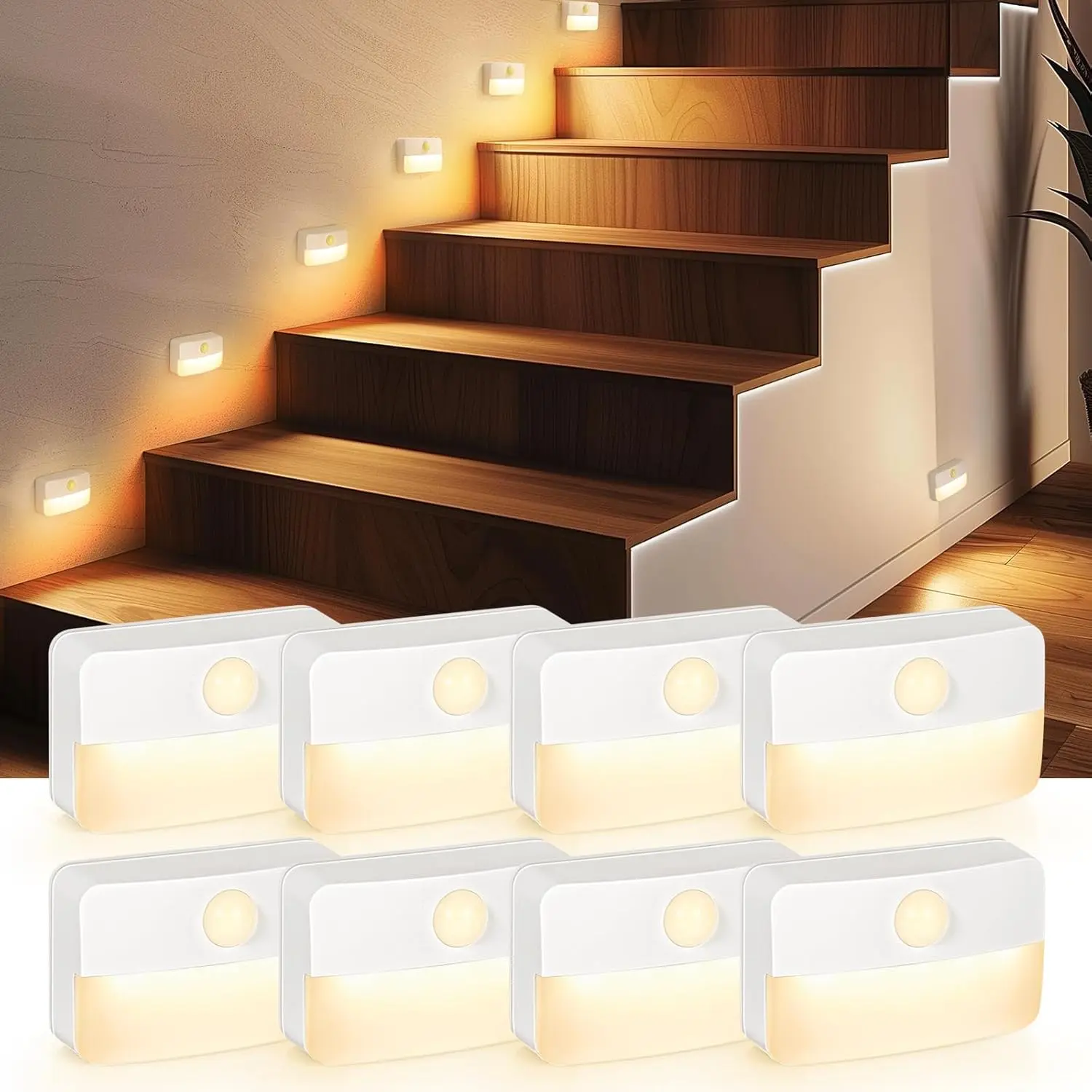 GJANSH 8 Pack Motion Sensor Stair Light for Indoor, Battery Operated Closet Lights, Wireless Stick on Anywhere Hallway Lamp, Portable Led Night Lamps for Bedroom Under Cabinet Kitchen