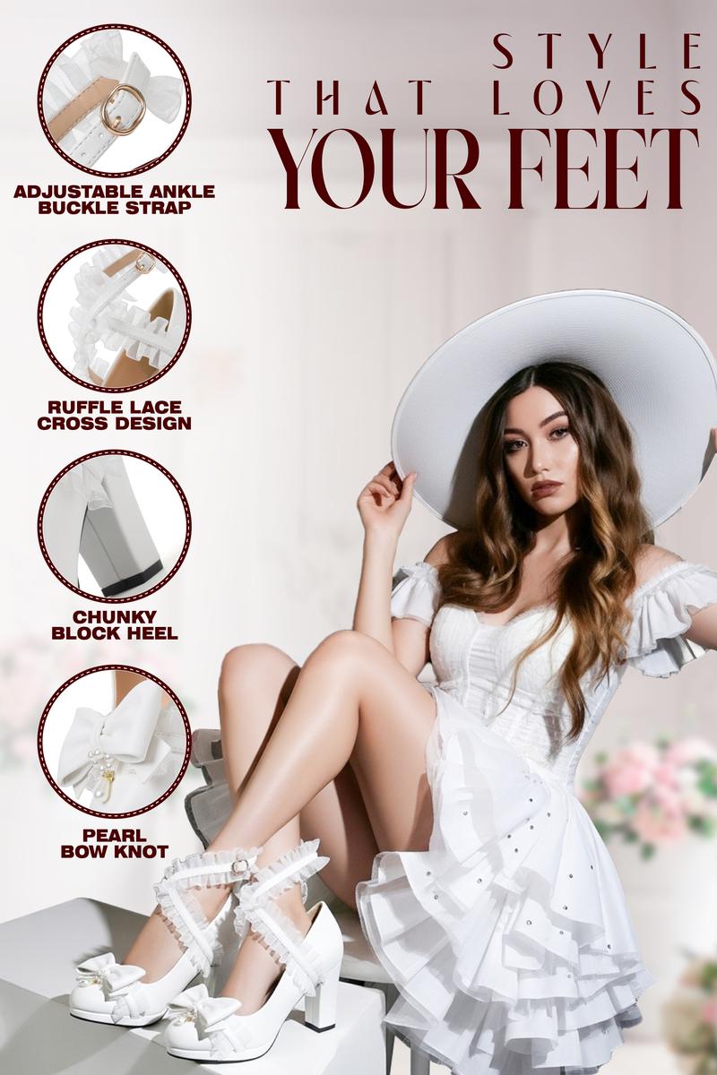 Womens Platform Mary Jane Pumps Round Toe Chunky Block Heels Ruffle Lace Cross Adjustable Ankle Buckle Strap Pearl Bow Knot Gifts for Women Party Cosplay Cute Valentine Lolita Shoes