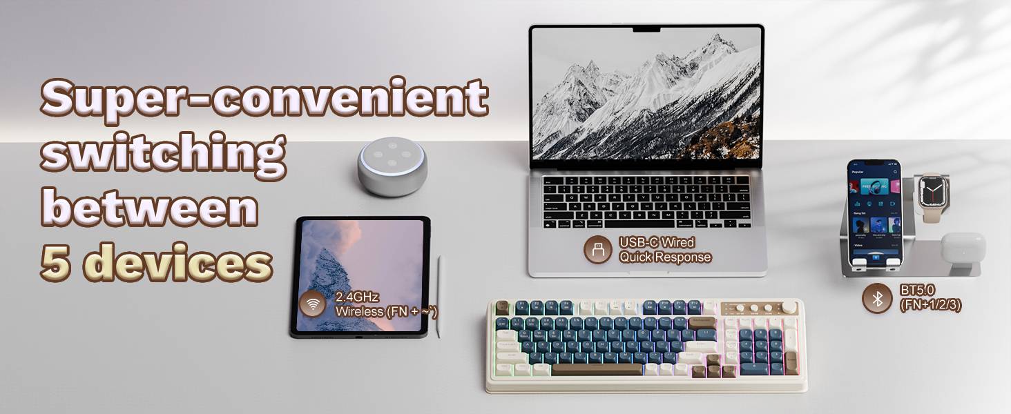 AULA S99 Key Keyboard, Tri-Mode Bluetooth/2.4GHz/USB-C Cute Creamy Gaming Keyboard with Number Pad RGB Backlit, Media Knob Custom for MAC Xbox PC Gamer Valentine's Day gift S99 Keyboard Fixed Keycaps & Switches (Non-Replaceable)