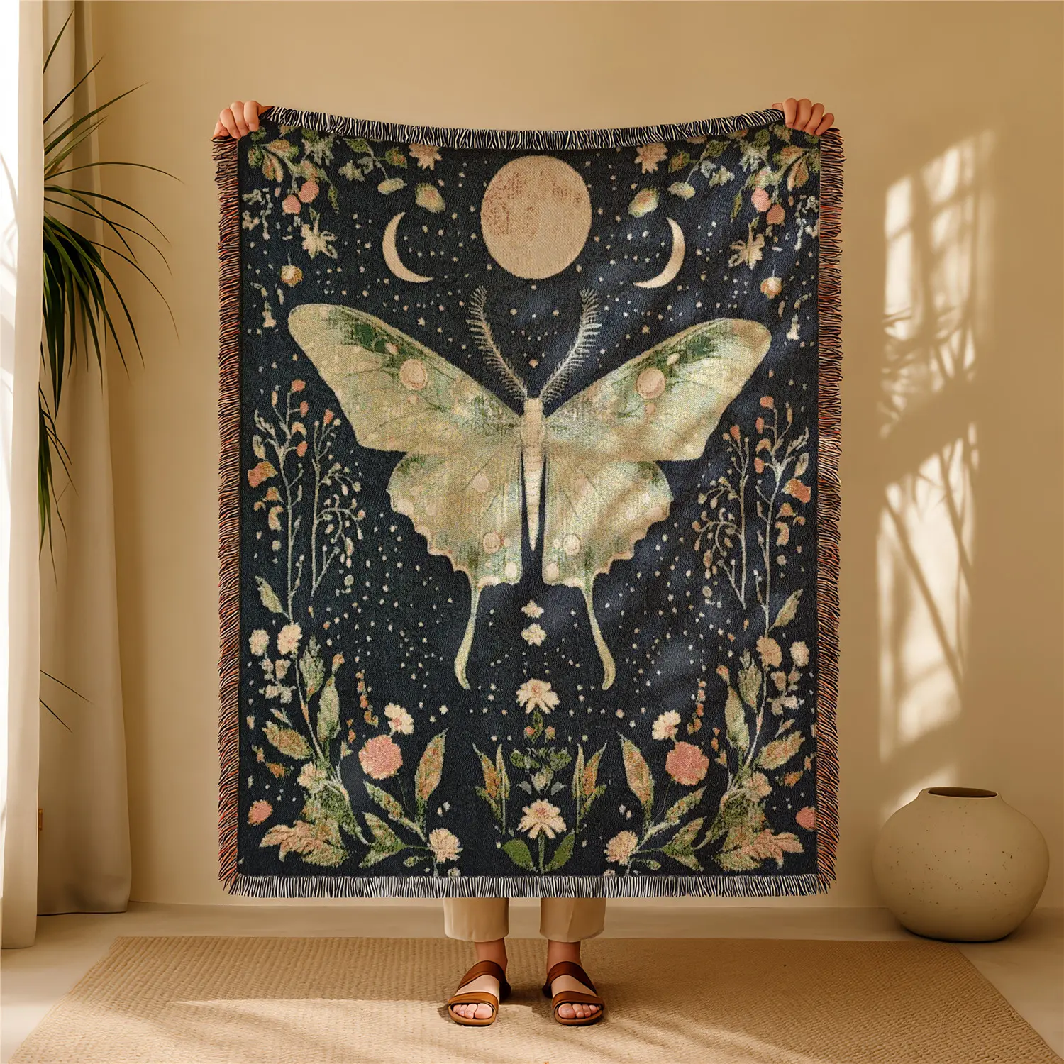 Butterfly Under The Moon Pattern Boho Floral Bohemian Yarn Jacquard Woven Soft Warm Throw Blanket with Tassel, Thick Soft Washable Blanket, Used for Home Decor Sofa Chair Bed Tapestry Tablecloth Floor Garden Picnic Outdoor Camping, Boho Style Blanket