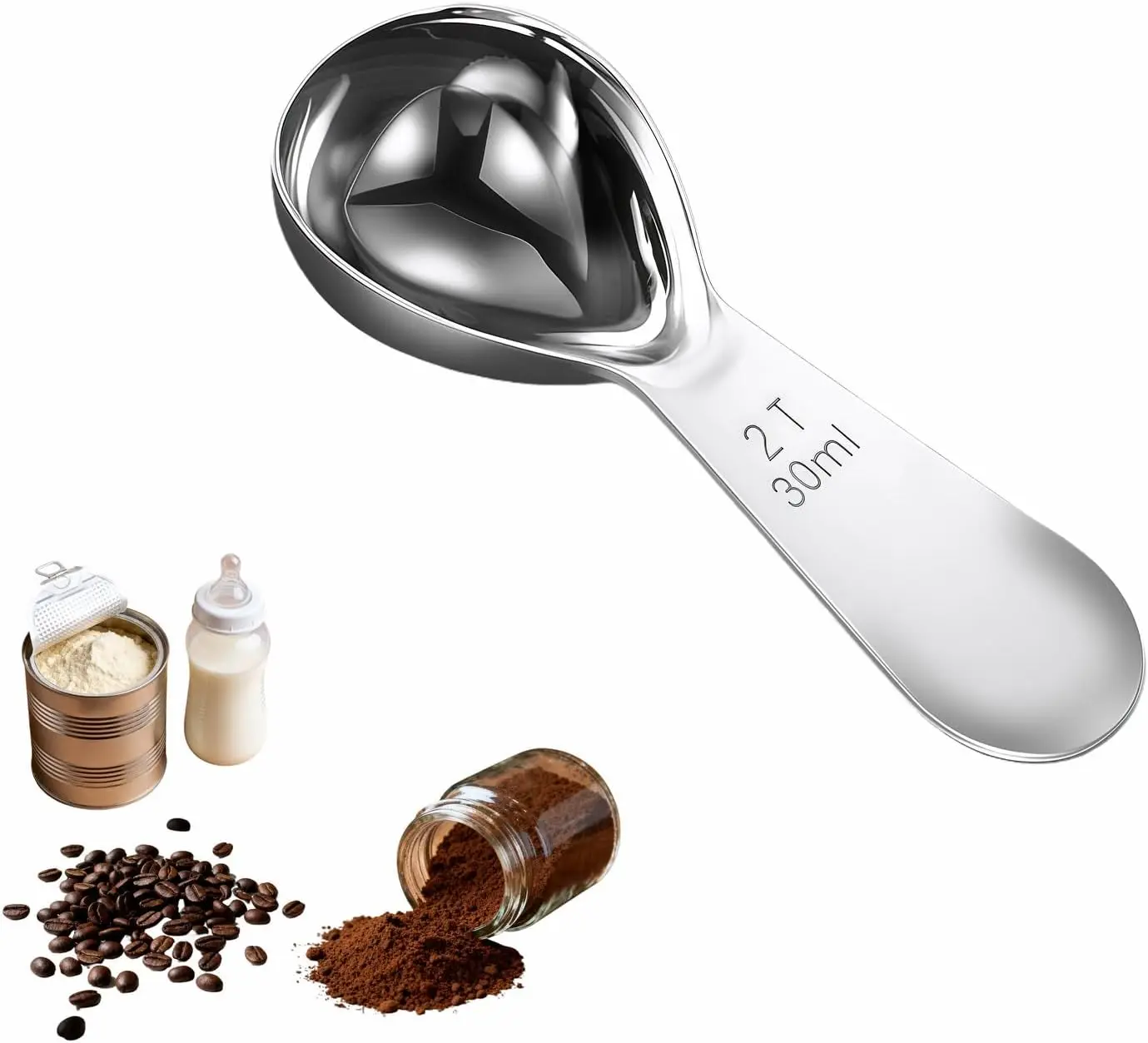 30ml Stainless Steel Coffee Scoop, 2 Tbsp Measuring Spoons for Protein Powder, Sugar, Flour & Tea - Short Handle, Laser Etched Markings, Dishwasher Safe, Heavy-Duty 304 Food-Grade Steel