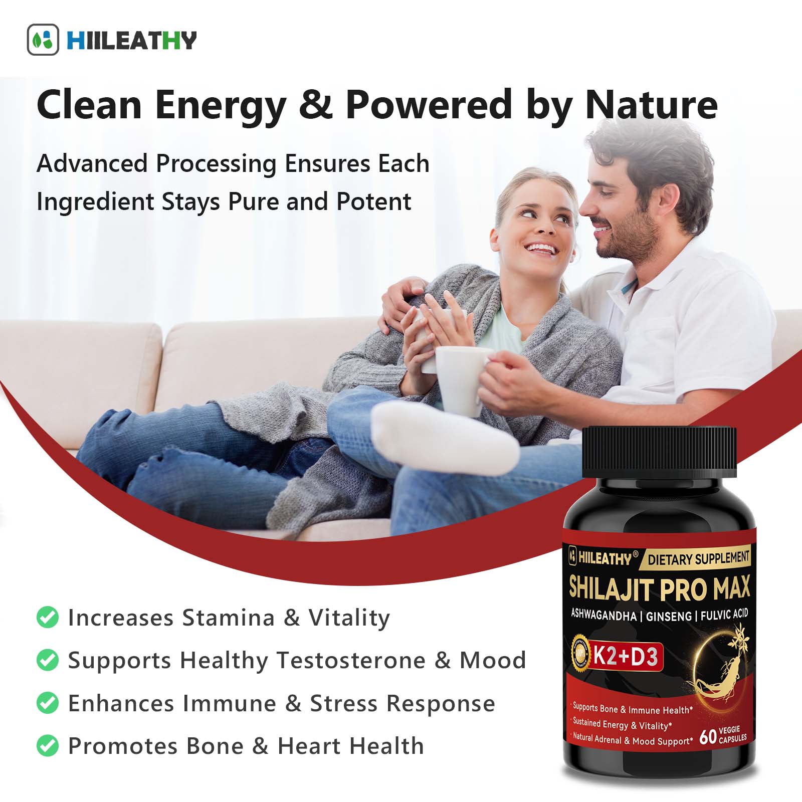 HIILEATHY | Optimal*Shilajit PRO MAX with K2 & D3 - 60 Capsules - Premium Fulvic Acid & 84+ Minerals for Immune Support, Energy & Anti-Aging - USA Made