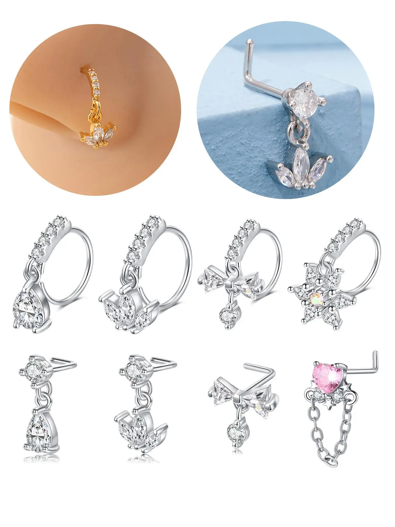 Cute Dangle Nose Rings for Women Nose Piercing Jewelry, Body Jewelry, Unique Dangle Feature, Stainless Steel L Shape Nose Stud, Silver Color 20 Gauge 18gauge, Body Jewellery
