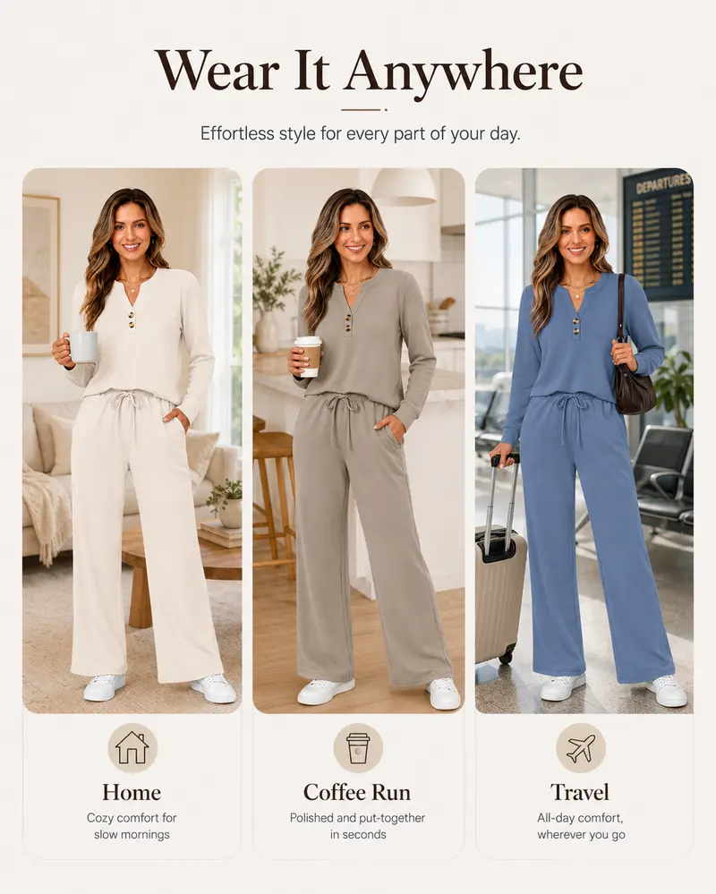 Wiholl Women's 2-Piece Fashion Lounge Set - Long Sleeve Top & Pants, Wide Leg Palazzo, Casual Set for Fall Travel Airport Outfits