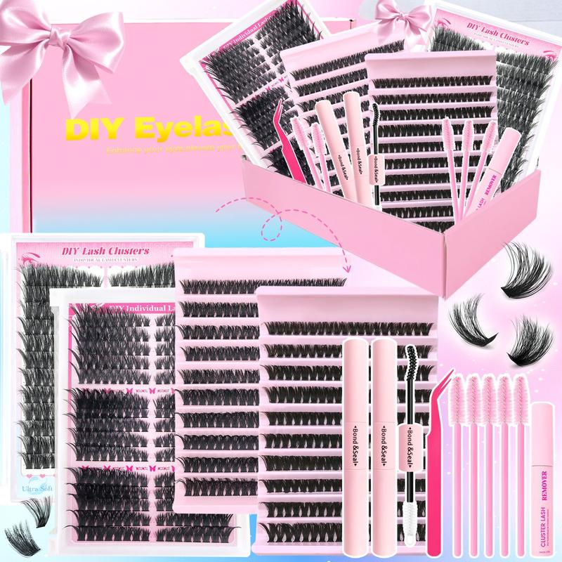 Cluster Lash Extension Gift Set, 30D 40D 60D 80D 100D Natural Styles Cat Eyes Extra Volume, Soft & Lightweight, with Bond & Seal, Remover, Tweezers, Brush, Easy DIY Eyelashes at Home, Salon Look at Home, Long-Lasting Glamorous Effection Valentine's Day