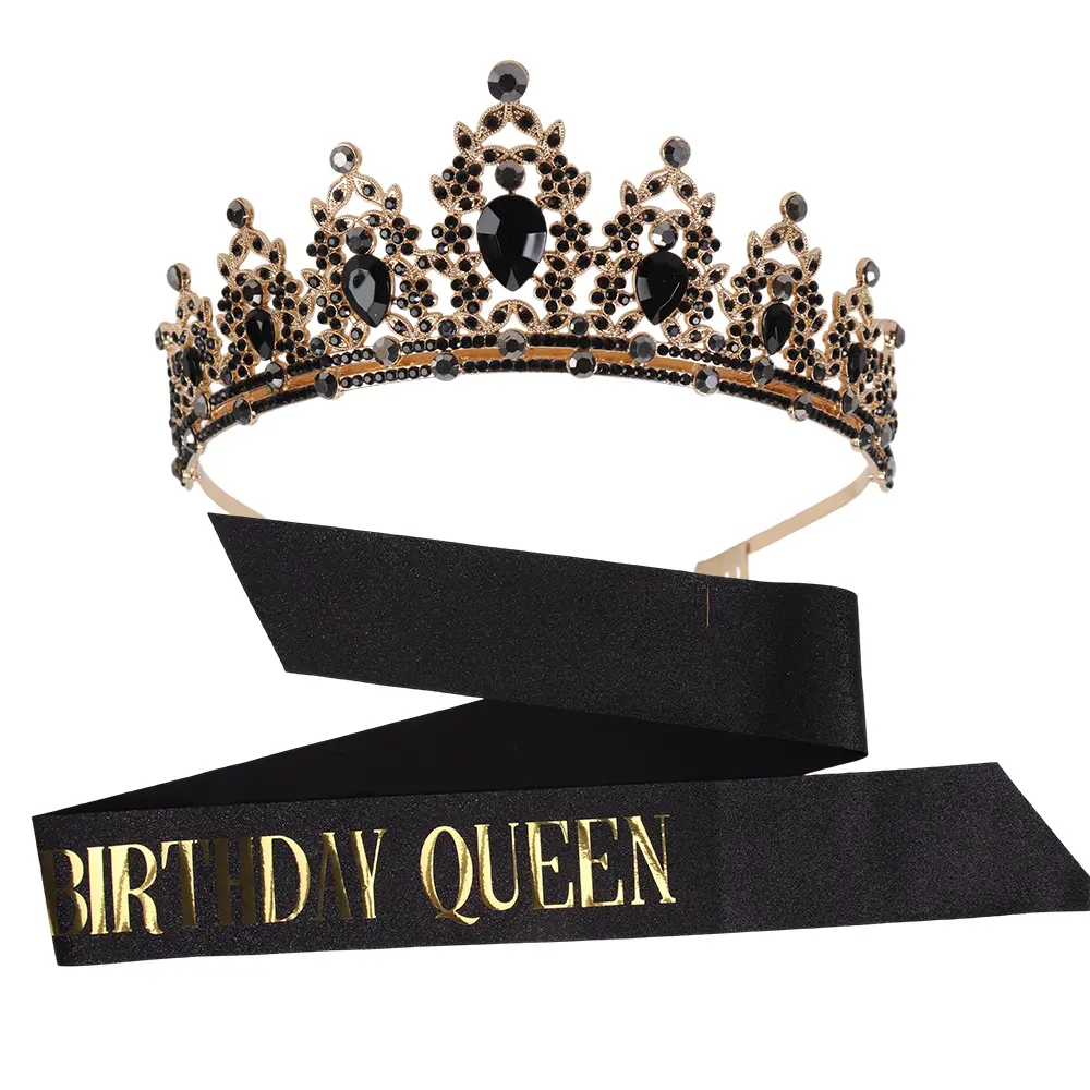 Birthday Queen Sash and Tiara Set, Black Glitter Satin Foil Sash with a Sparkling Rhinestone Alloy Crown, Adjustable Party Accessories for Women, Unisex