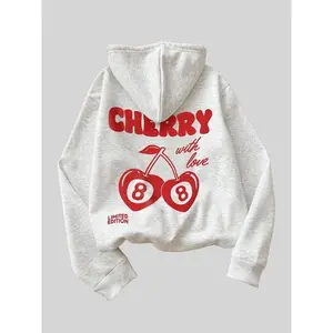 Women's Cherry & Letter Print Drop Shoulder Long Sleeve Hoodie, Trendy Loose Fashion Casual Drawstring Pocket Hooded Sweatshirt for Holiday Outdoor Wear, Edition,Women  Graphic Hoodie, Loose Womenswear, Classic Fit Hoodie Pebble Lime