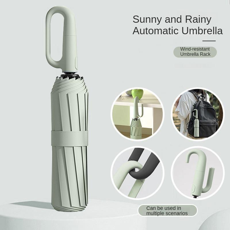 Green Foldable Rainproof Automatic Umbrella, 1 Count Compact Ring Buckle Windproof Reinforced Umbrella, Durable Innovative Sun-protection Folding Umbrella for Women, Pocket Umbrella, Wind Resistant Umbrella, UV Umbrella, Suitable for Rainy Days Outdoor