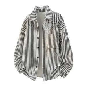 Retro striped casual jacket, men’s spring/autumn new arrival high-end jacket, loose-fit turn-down collar casual shirt jacket, chenille fishbone-textured long-sleeve top, soft and comfortable fabric, suitable for everyday wear