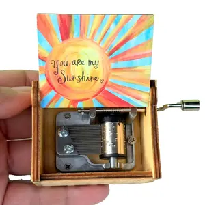 Artistic Watercolor Sun Hand Crank Music Box "You Are My Sunshine" Boho Gift for Art Lovers Mom & Best Friends Natural Wood Crafted Melodic Surprise - Decor