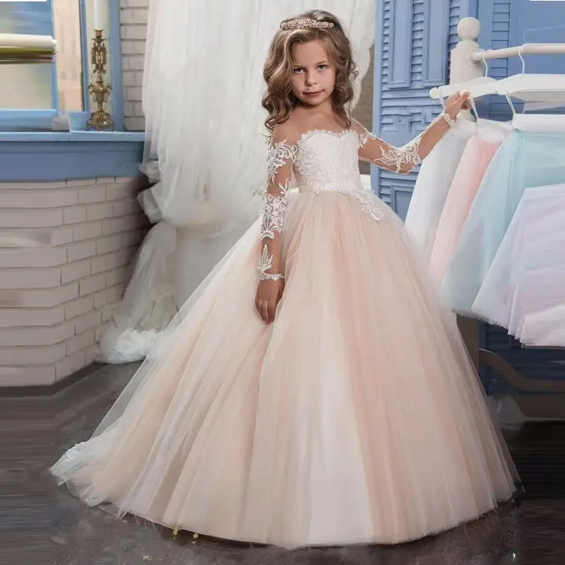 Girls' Elegant All-Seasons Long Sleeve Crew Neck Fit & Flare Lace Dress - Full-Length Princess Gown with Contrast Lace for Parties, First Communion (Dry Clean Recommended)