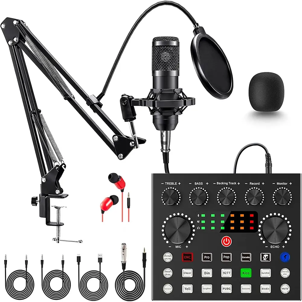 V8S Professional Live Sound Card & Mixer Bundle with Microphone Set - Voice Changer Noise Reduction Audio Equipment for DJ Disco Live Streaming, Podcasting, Music Recording