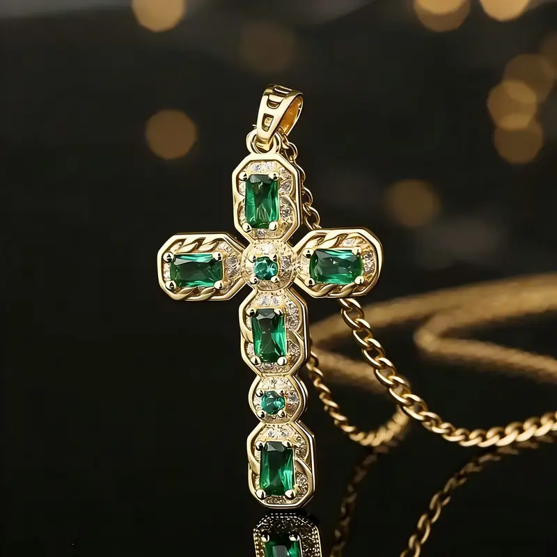 Women's Long Metal Green Rhinestone-Decorated Cross Pendant Necklace - Daily-Wear Shine Costume Jewelry, All Seasons Streetwear Collar Chain, Perfect Gift Choice for Birthdays Anniversaries