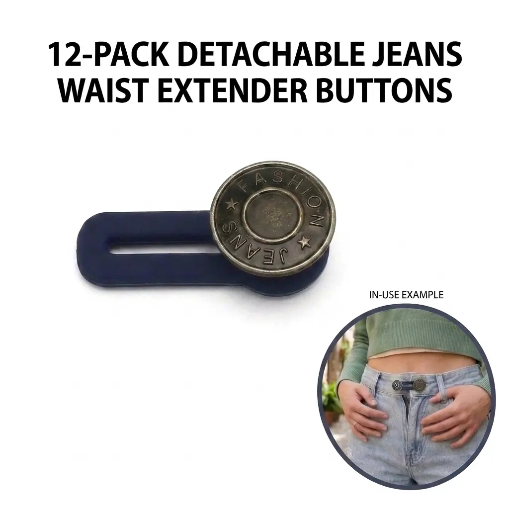 12Pcs Detachable Jean Waist Extender Buttons No Sew No Drill Metal Rubber Stretch Waistband Expanders For Pants Tight Waist Adjustment