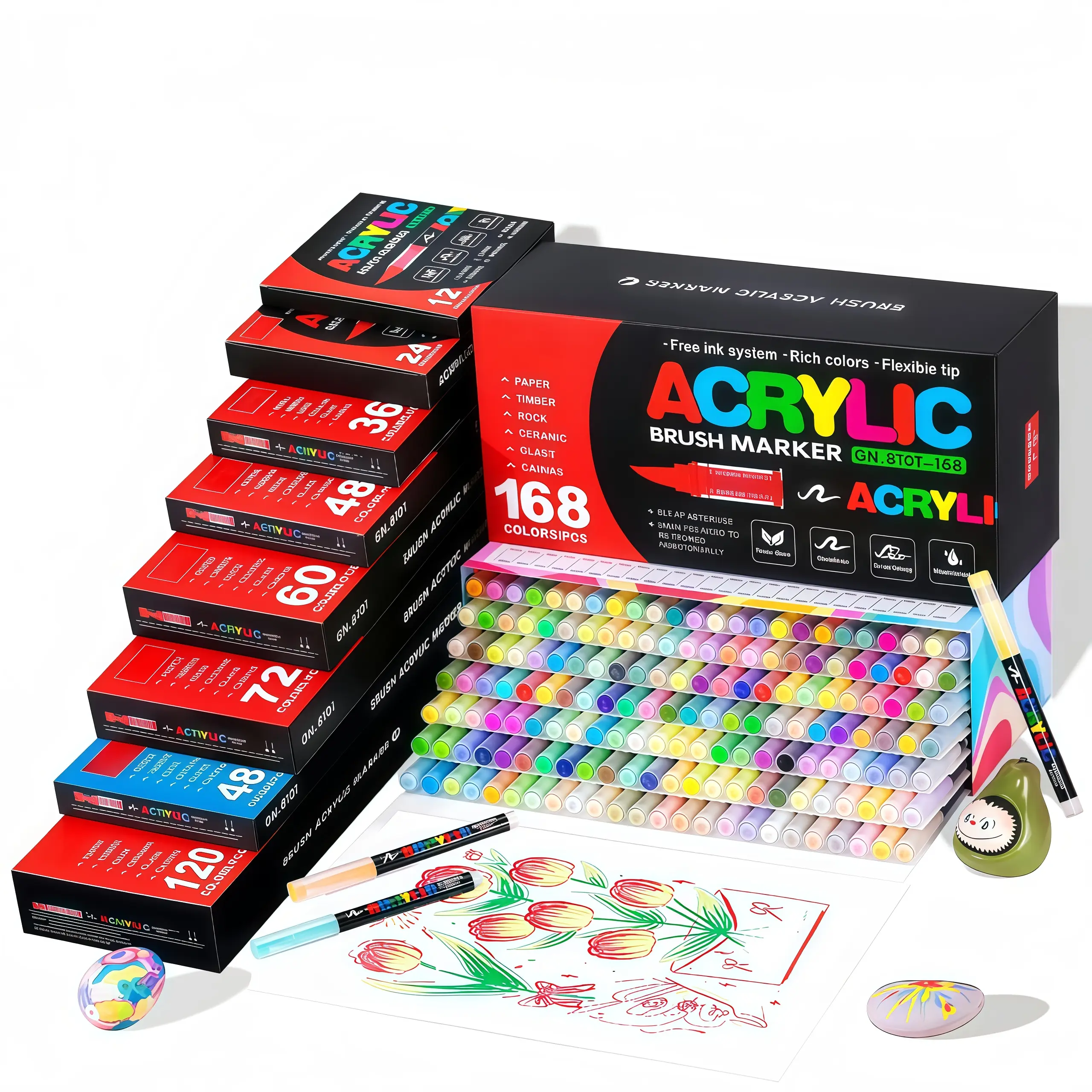 Acrylic Paint Markers Brush Tip, 36 Vivid Color with Direct-Liquid Ink System, Professional-Grade Paint Pen for Rock Painting, Books Coloring, Note Taking, Card Writing, Ceramic, Wood, Canvas, Glass, Stone, Fabric, DIY Crafts, Drawing Art Supplies Kit