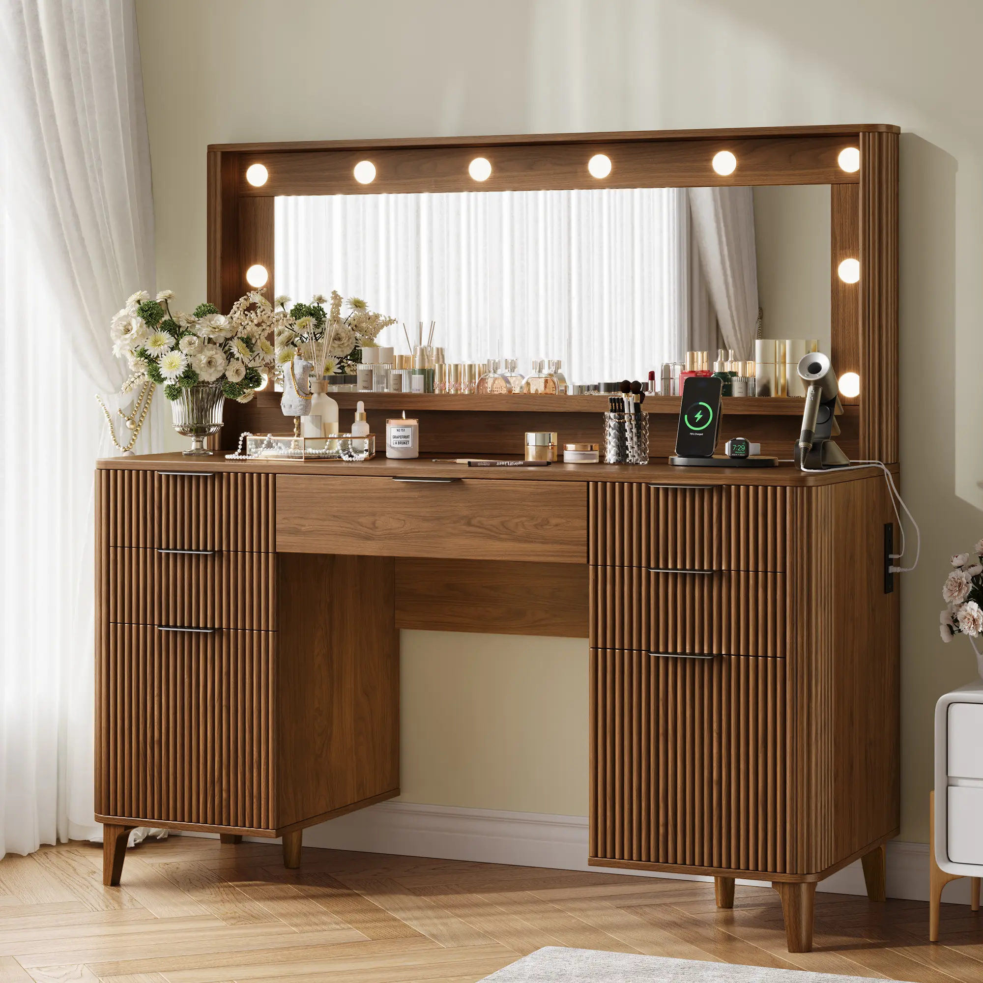 TOKSOM 48.8" Fluted Vanity Desk with Mirror and Adjustable LED Lights, Walnut/Natural/White/Black Color Makeup Table with Four Large Drawers and Two Cabinets and Charging Station for Women and Girls, Bedroom or Dorm/Best Gift Ideas/Valentine’s Day Gift