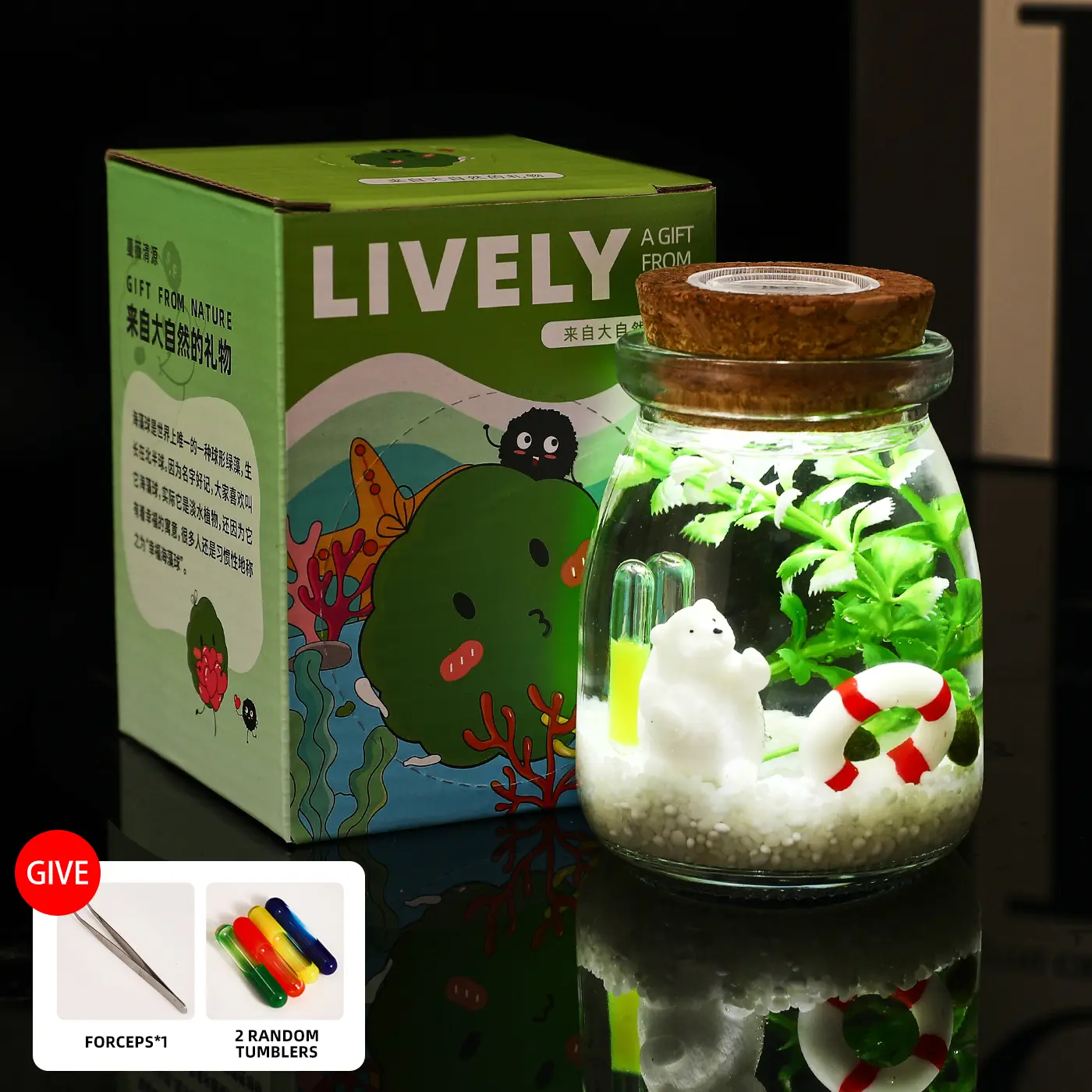 Healing Live Aquarium Plant - Marimo Moss Ball Micro-Landscape, Low-Maintenance Glass Mini Peninsula Ecosystem, Self-Sustaining Aquatic Habitat for Desk (Includes LIVELY Moss Ball Pet)