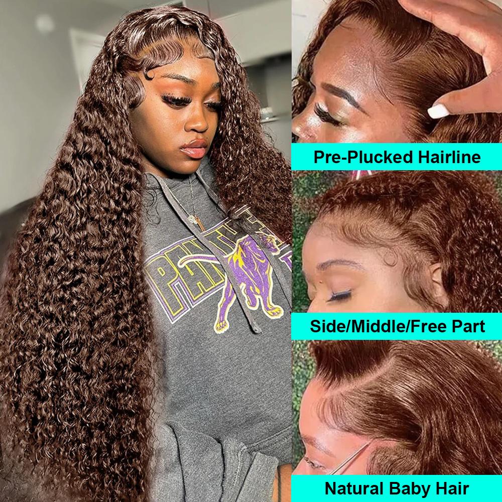 Chocolate Brown Deep Wave Lace Front Human Hair Wig 13x6 13x4 Water Curly Wigs Pre Plucked Color Hd Lace Frontal Wig For Women 180 Density 28 30 32 Inch
