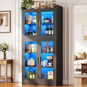 Homieasy Kitchen Pantry Cabinet with LED Light 67" Tall Storage with Tempered Glass Doors & Adjustable Shelves Freestanding Display Bookcase for Living Room Dining Room