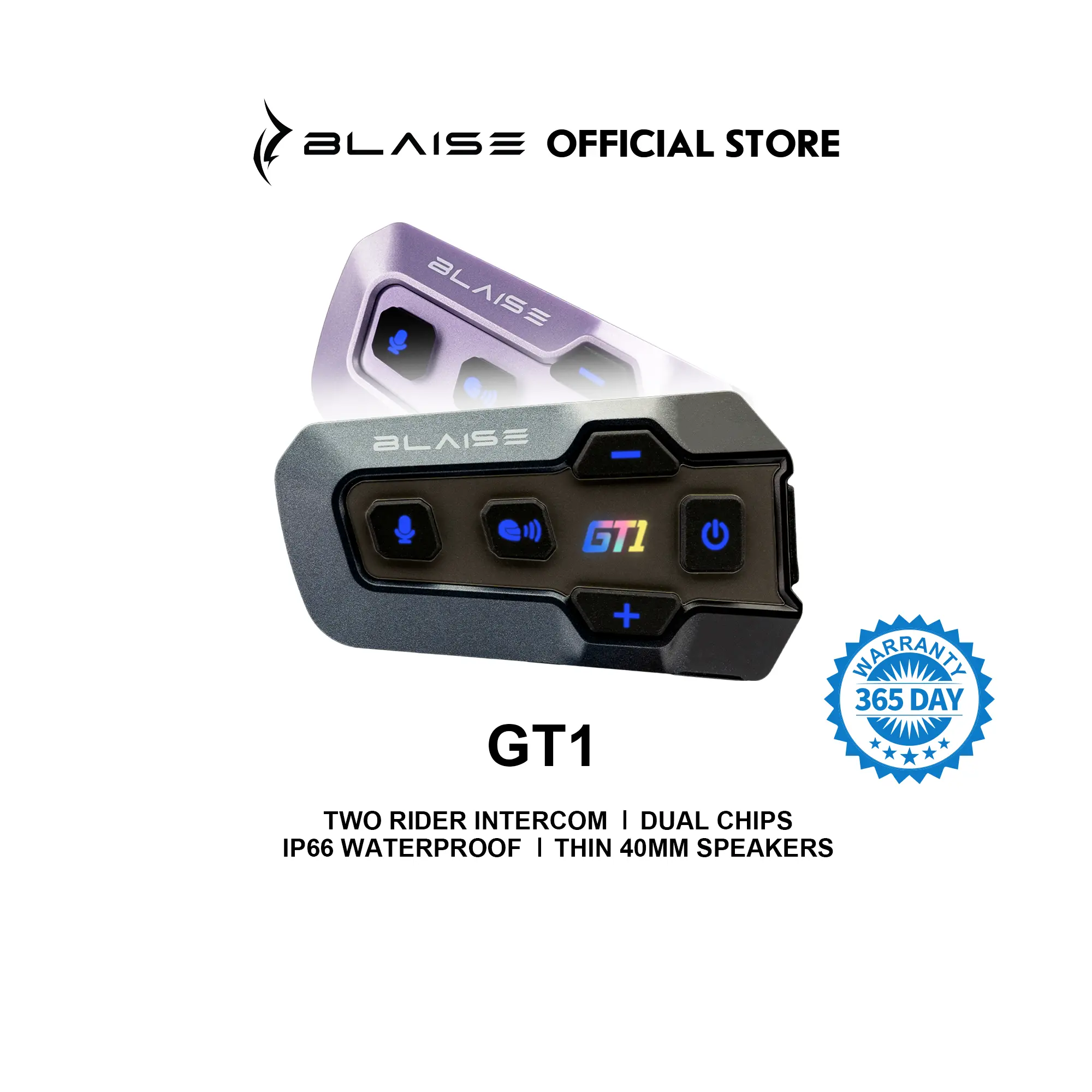 Blaise GT1 Motorcycle Helmet Bluetooth Headset for 2 Riders, Fits Full/Half Helmets, 5.3 Dual-Core Helmet Intercom with Audio Multitasking, Music Sharing, ENC Noise Reduction, 1000mAh Battery, IP66 Waterproof, Clear Voice at High Speed (Black & Purple) ou
