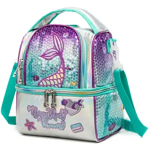 Kids Double-Insulated Lunch Bag Mermaid Design Handbag with Liner for School & Camping Square Polyester Storage Large Capacity Hand Washable Ideal for Thanksgiving Christmas Gifts outdoorfun