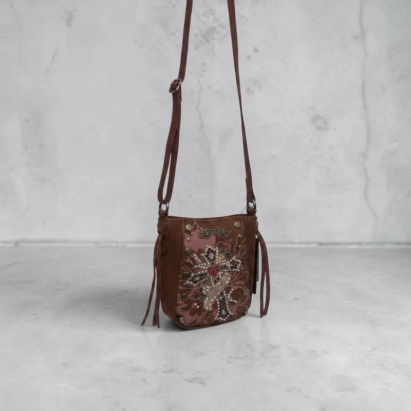 Ed Hardy Brown Crossbody Purse Y2K Rhinestone Cross Studded Messenger Bag