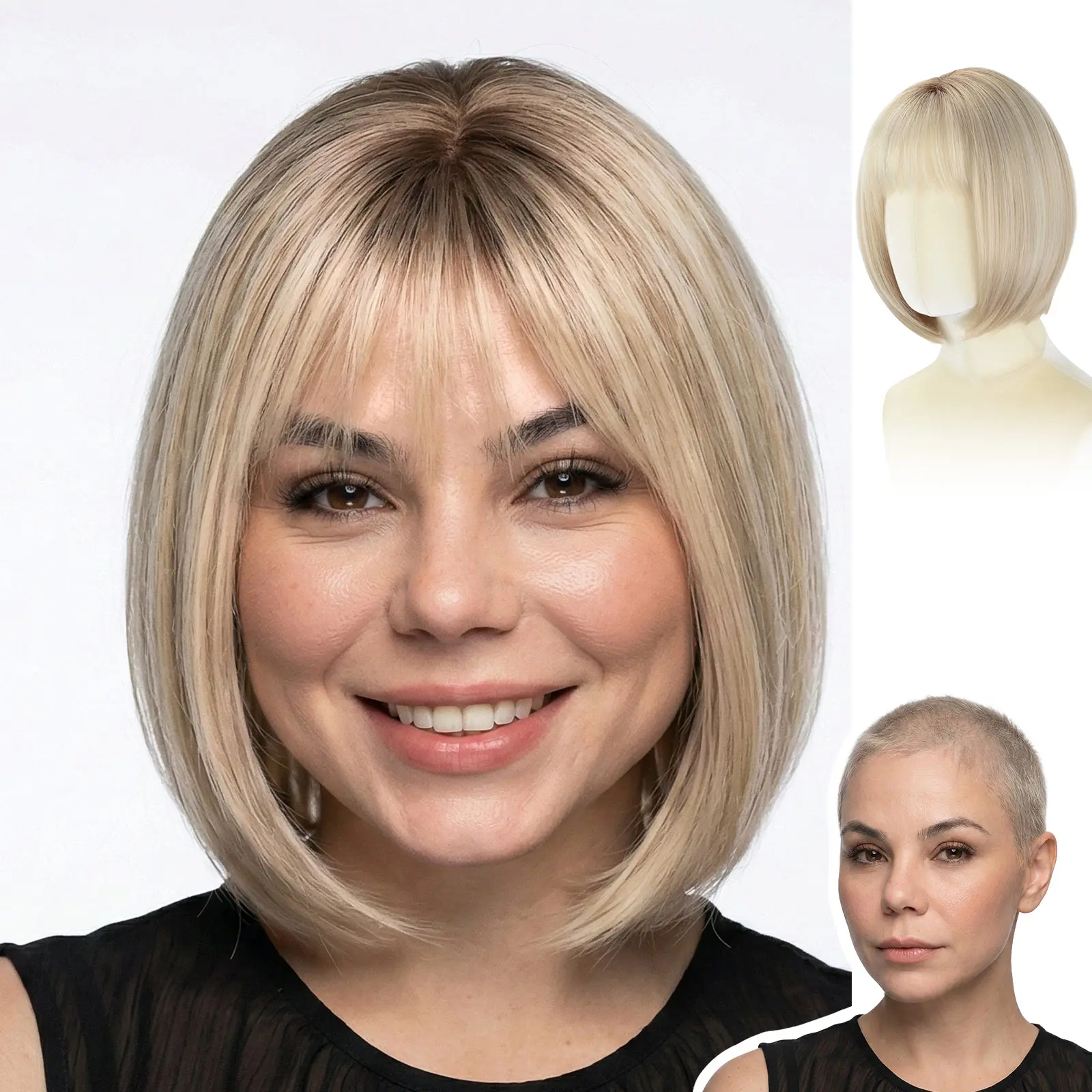Perla - Wigyy 12Inch Pre-styled Blonde Highlights 4x4 Free Part Short Straight Layer Cutted Glueless Natural Hairline Bob Wig with Bangs, Heat Resistant Fiber Synthetic Lace Front wig that look real, Beginner Friendly, Wear and Go #SummerWins #SummerVibes
