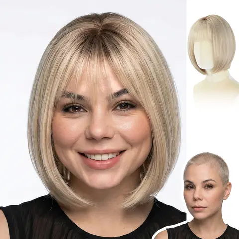 W WIGYY Perla 12Inch Synthetic Hair Blonde Wig, Available in 6 Colors, 4x4 Free Part Glueless Straight Lace Front Bob with Bangs, Layered Cut Natural Hairline, Heat Resistant, Beginner Friendly Wear & Go,Life-Ready (Glueless Straight Wigs Included)