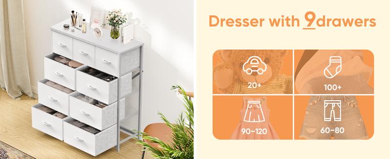 【Deal】Cupboards Cabinets Dresser - with 9 Drawers, Bedroom  Organizer, Steel Frame and Wood Top for Bedroom, Closet, Entryway