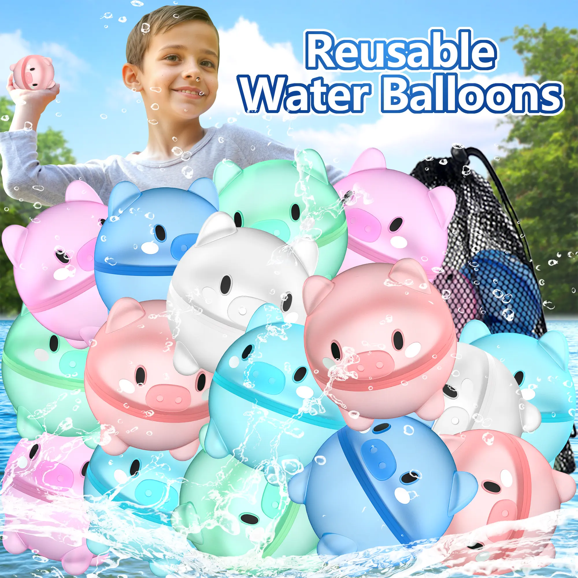 Pool Water Toy, Reusable Magnetic Water Balloons, Cute Piggy Self Sealing Quick Fill Silicone Water Bombs, Splash Balls for Outdoor Party Games, Pool Party, Beach Party, Backyard Water Fights, 8/12/16 Pack