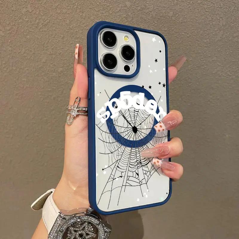 Spiderweb and Star pattern magnetic MagSafe quick-release protective case, suitable for iPhone 17/16 Pro Max, 15 Pro, 14, 13, 12 Mini, 11, XR, XS Plus, SE, shockproof and anti-slip, ultra-thin silicone transparent acrylic protective case