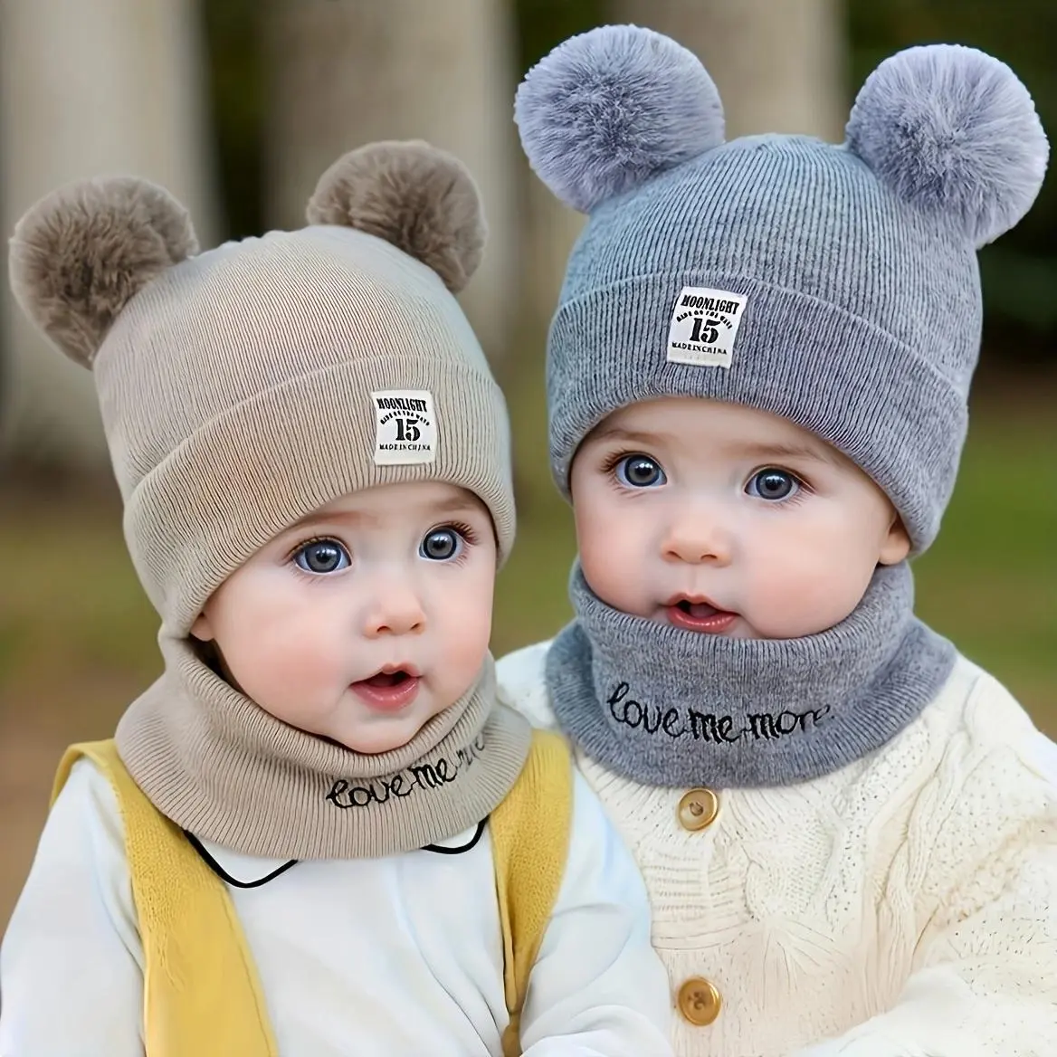 2pcs Winter Hat Scarf Set Cap Knitted Beanie Fur Ball Cartoon Bear Snow Outfit  Accessories