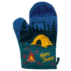 Happy Camper Oven Mitt Hiking Campfire Forest Nature Bonfire Kitchen Glove Funny Graphic Kitchenware Bakeware Funny Camping  Novelty Cookware Green