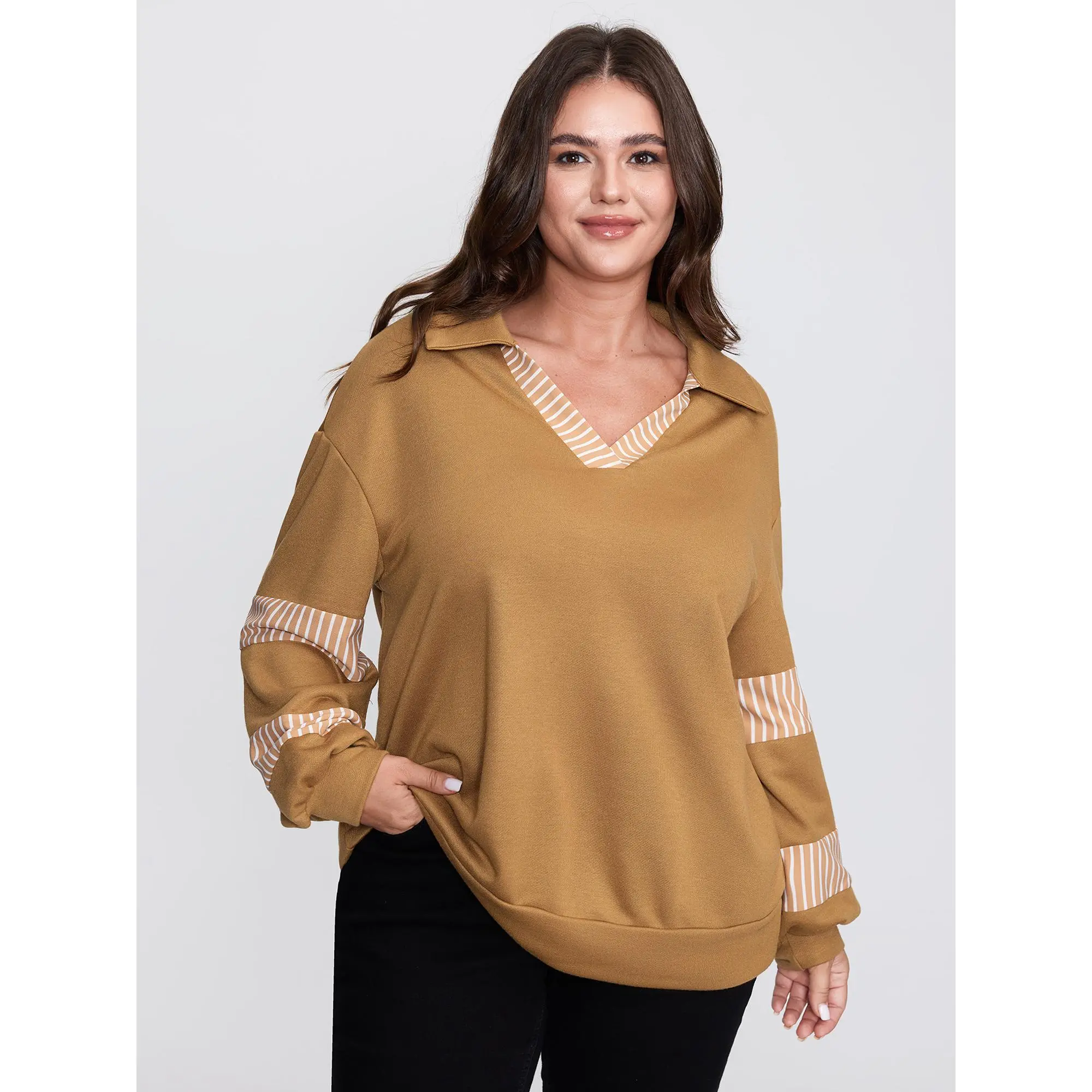 【 Comfy Chic】Bloomchic Color Stripe Collar Sweatshirt Fit Hoodie ,Summerfinds Fit Women Sleeve Womenswear