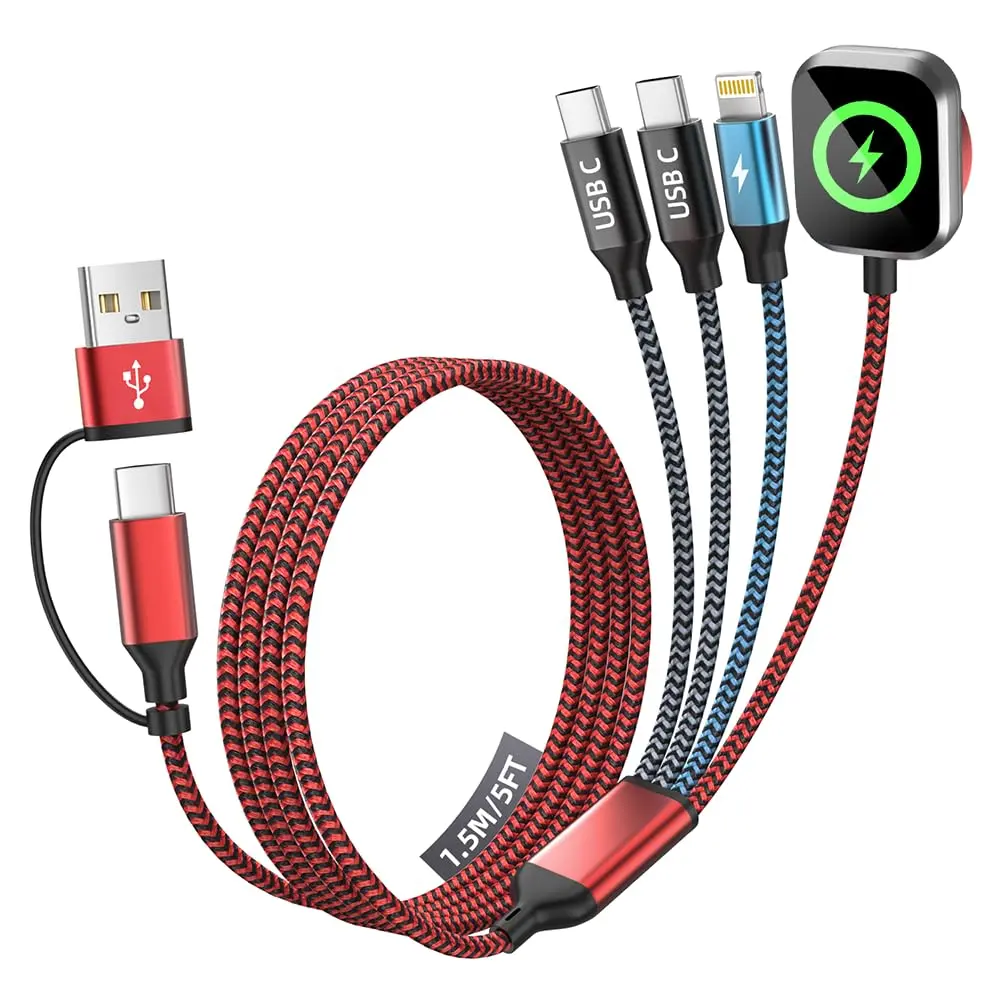 Dual Type-C Port 4in2 USB C Cable for iPhone Watch Charger/iPhone 17 Charger/Lightning,Multi Charging Cable Cord for iWatch Charger, Charger for Multiple Devices Compatible with iWatch&iPhone 16-12 5FT