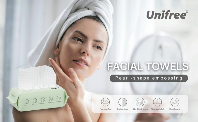 Unifree Face Clean Towels, Dry Facial Towels, Disposable, 100% Plant Fiber & Biodegradable, Ultra Soft & Thick, Large 7.9''x7.9'', Superabsorbent, Washcloth cleaning towel Natural  Sheet Skincare Comfort Bio-Degradable Silky Soft Single Use Tissues