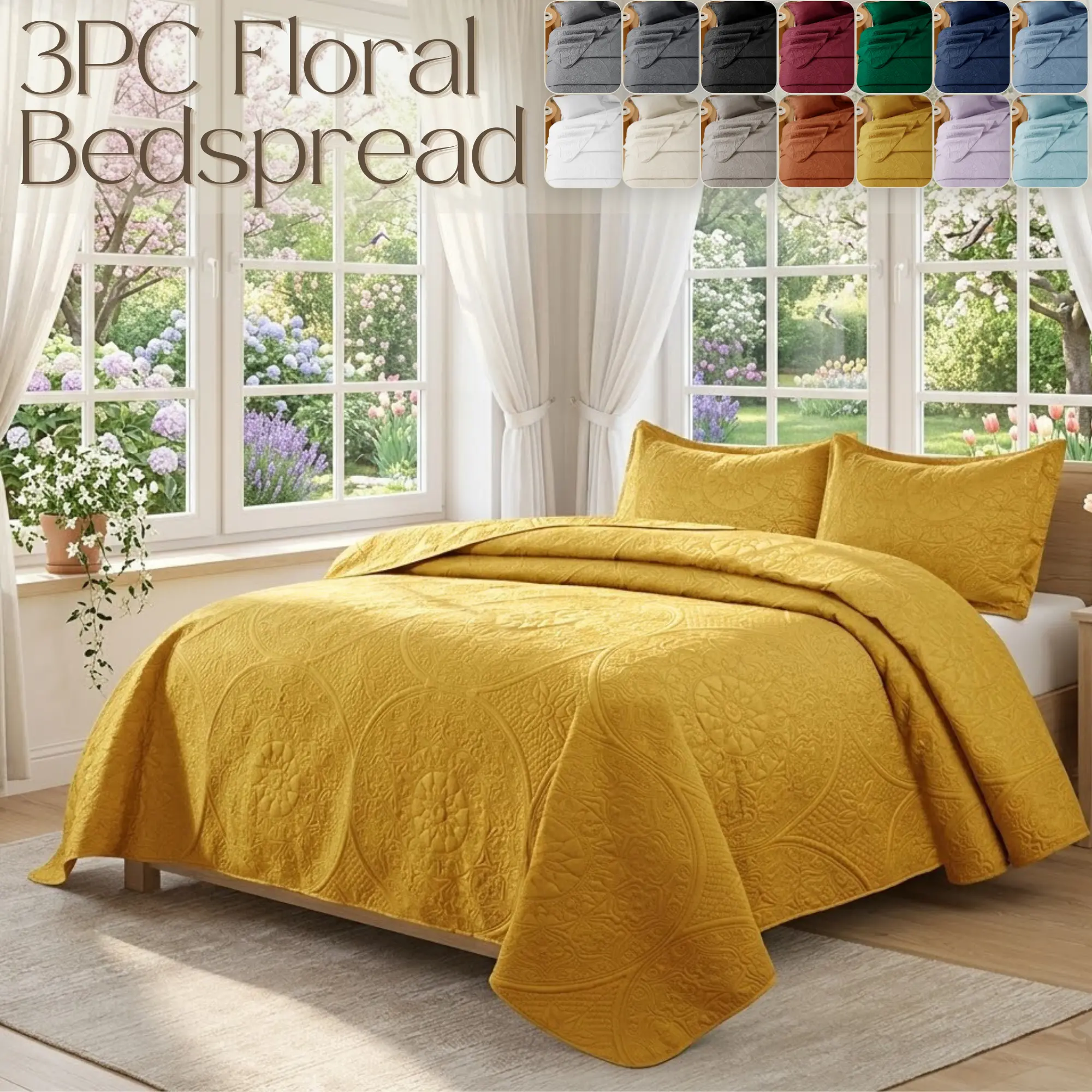 Quilt Bedding Set - 3 Piece Oversized Reversible Ultrasonic Bedspread Set Christmas Gift Full Queen Size Floral Pattern Soft Bed Cover Lightweight Microfiber Hypoallergenic Embossed Design