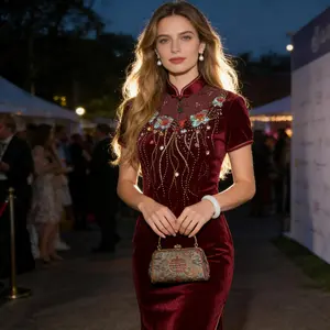 Royal Purple Velvet | Burgundy Velvet | Retro Beaded Slim Short-Sleeve Qipao