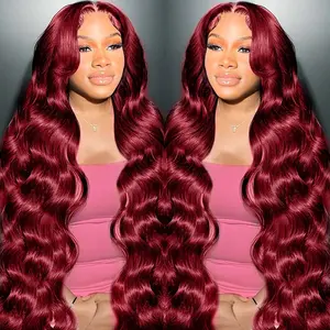 28 Inch 99j Burgundy Lace Front Wigs Human Hair 13x4 HD Red Burgundy Wig Human Hair 180 Density Wine Red Body Wave Lace Front Wigs Pre Plucked Glueless Frontal Wigs for Women