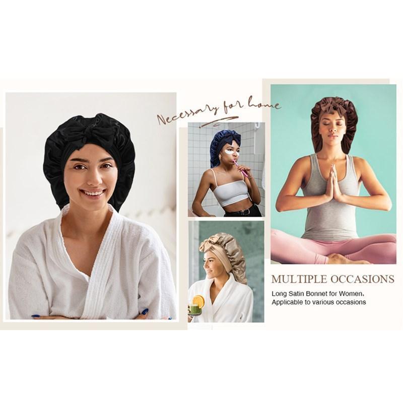 Solid Color Double-Layer Long Satin Bonnet Sleep Cap Adjustable Care Night Sleeping Cap for Women Braids Curly Hair Wrap with Tie Band for Daily Use
