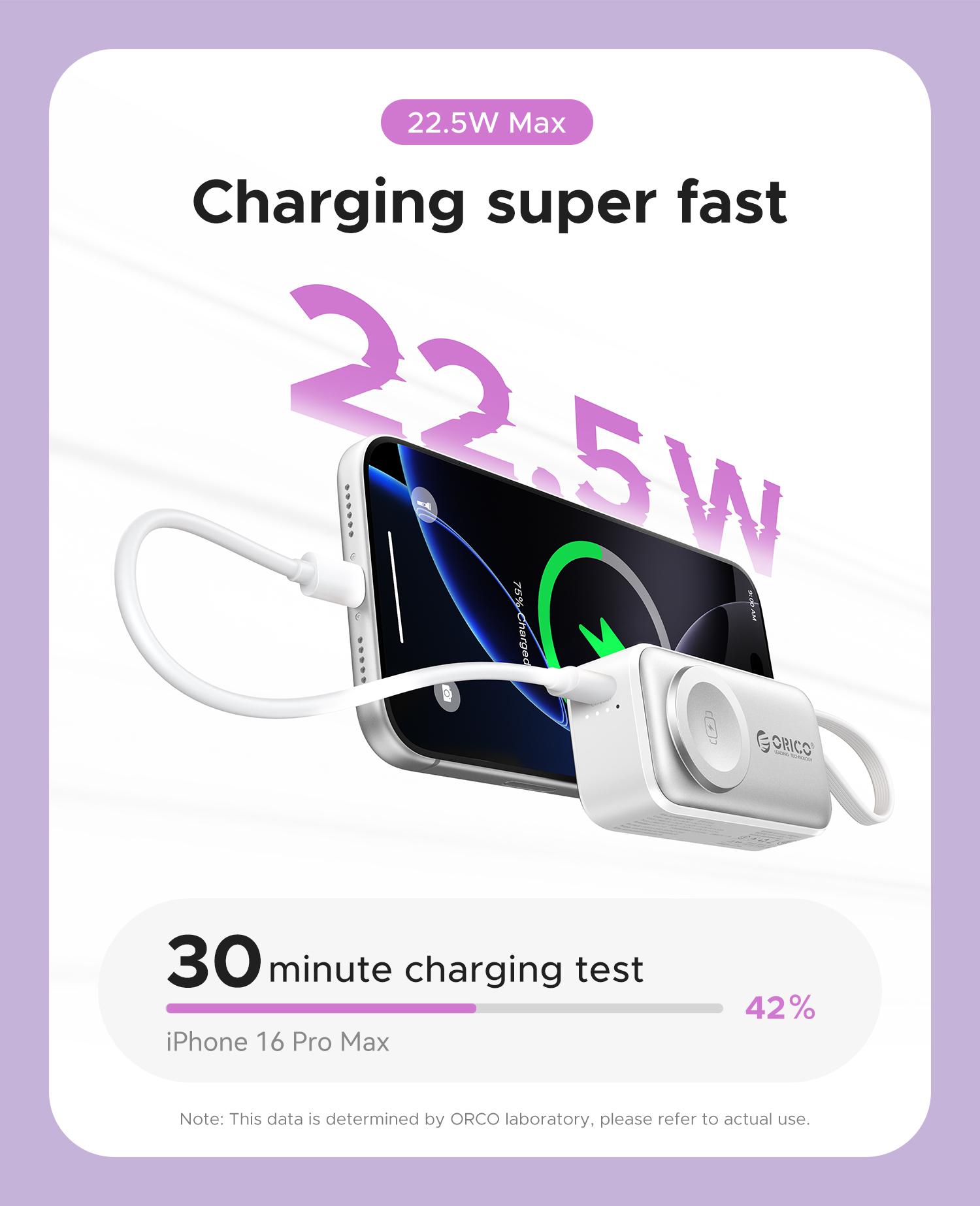 Orico 3-in-1 Portable Power Bank with Integrated Cable, Watch Wireless Charging, and Foldable Wall Plug – Compact Fast-Charge Battery for iPhone & Android - S18