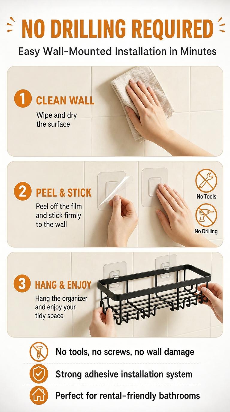 Modern 6-Piece Compact Steel Shower Caddy Rack Set, Stick-On No-Drilling Bathroom Shelves with Soap Holder, Home Bathroom Storage Organizer Essentials Gadgets