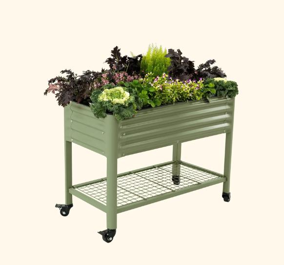 Vego Garden Rolling Elevated Raised Garden Bed V Series with Lockable Wheels & Storage Rack for Patio Porch 700 Lbs Capacity Outdoor Planter Box for Vegetables Flowers Herbs Heavy Duty Olive Green