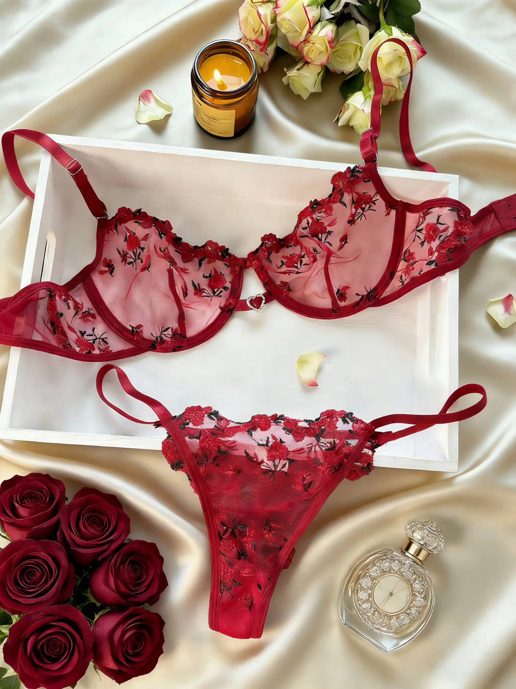 Women's Valentine's Day Lingerie Set, Burgundy Lace with Floral Embroidery, Romantic Mesh Bra and Panty, 3/4 Coverage Underwear for Women, Women's Lace Set