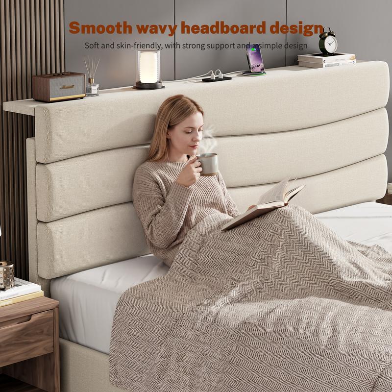 【Sturdy & Fit Snugly】Raybee Modern & Quiet Luxury Upholstered Queen Bed Frame with Adjustable Headboard【Frame ONLY,No Box Spring Needed】Center Support &Noise-Free Wooden Slats,Storage Space & Built-in Charging Station,Heavy Duty&Easy Assembly,best value